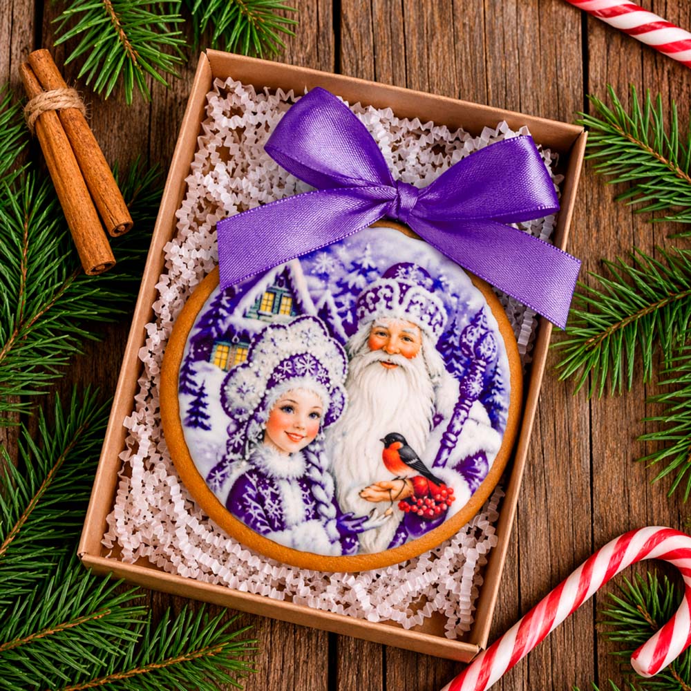Круглый пряник в коробке с лентой